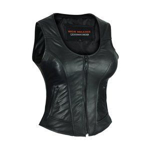 Women's Plain Side Black ''High Mileage'' Leather Vest